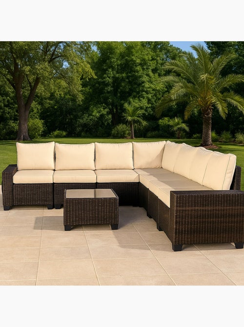 LAZARO Salon de jardin d'angle 7 places en résine tressée avec table marron et beige - Kiabi