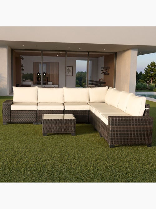 LAZARO Salon de jardin d'angle 7 places en résine tressée avec table marron et beige - Kiabi