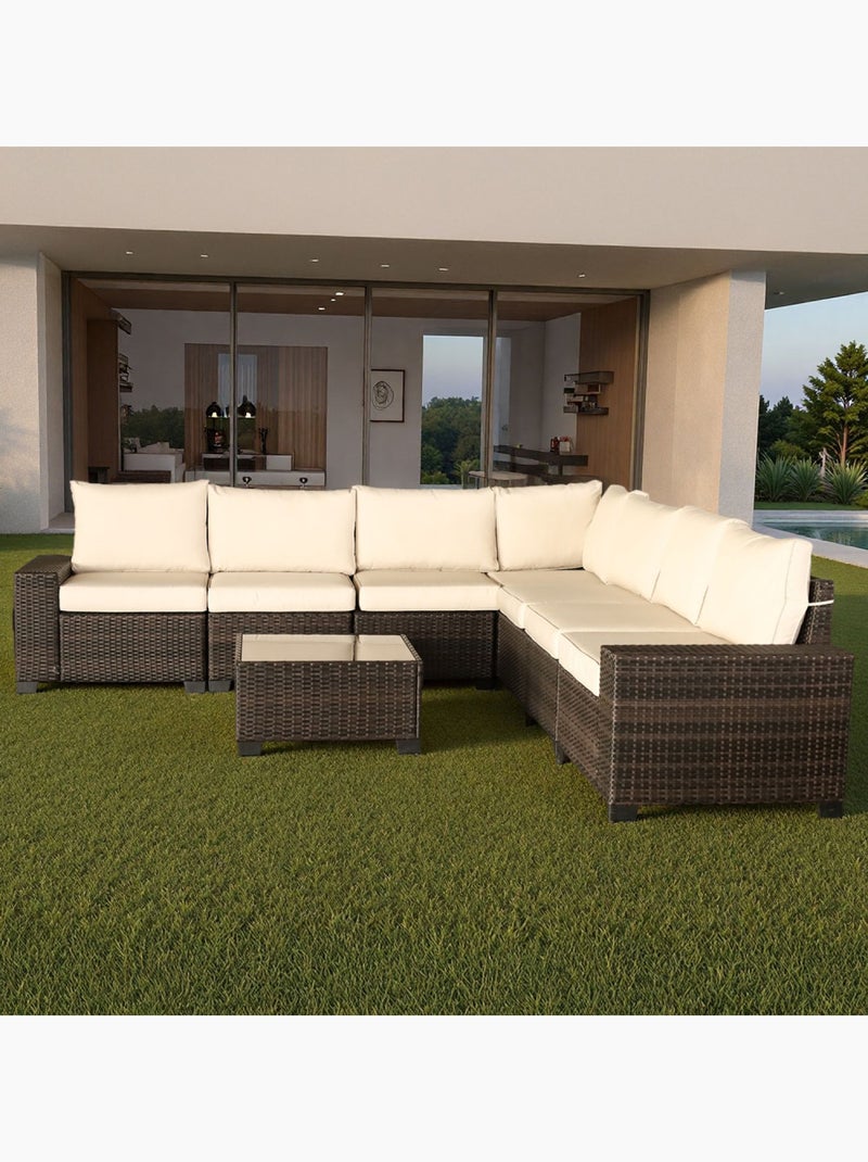 LAZARO Salon de jardin d'angle 7 places en résine tressée avec table marron et beige Beige - Kiabi