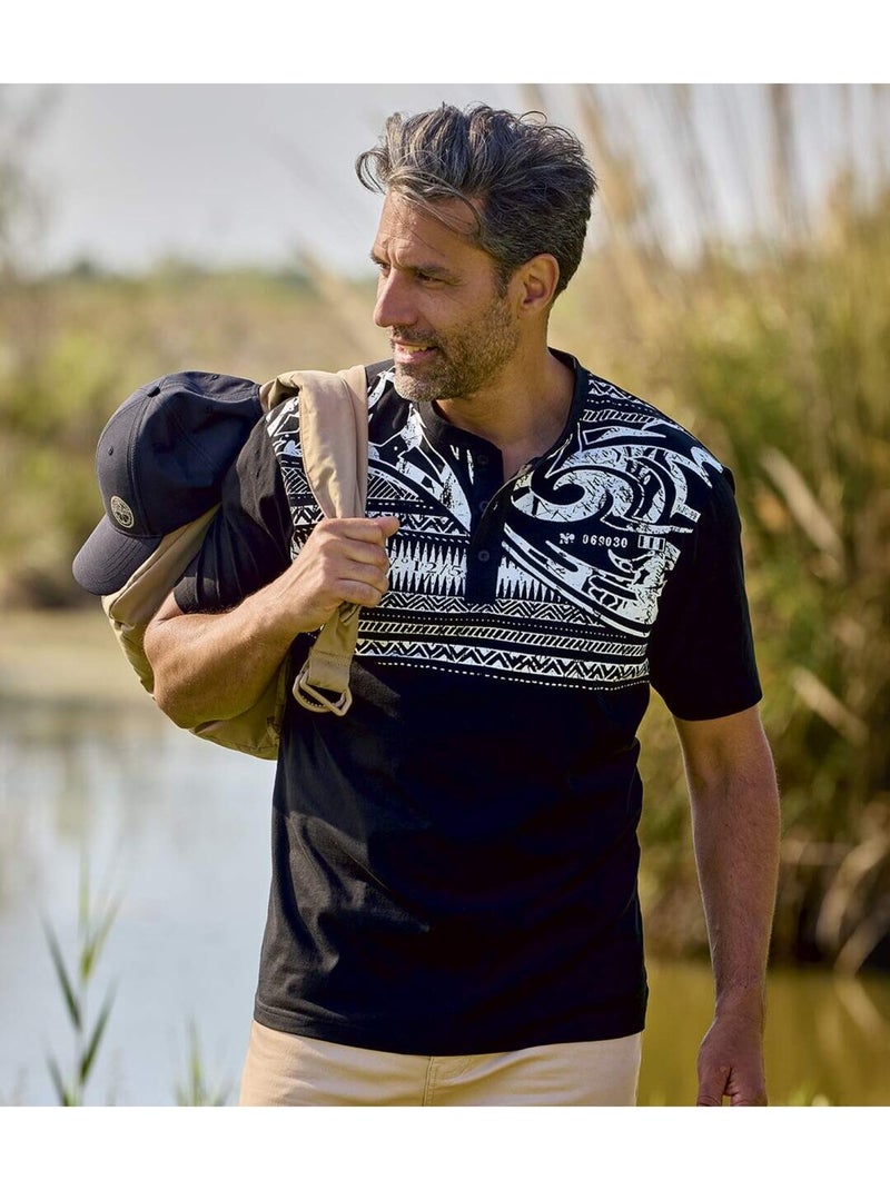 Le lot de 2 tee-shirts boutonnés imprimé tahitien  - atlas for men Blanc Noir - Kiabi