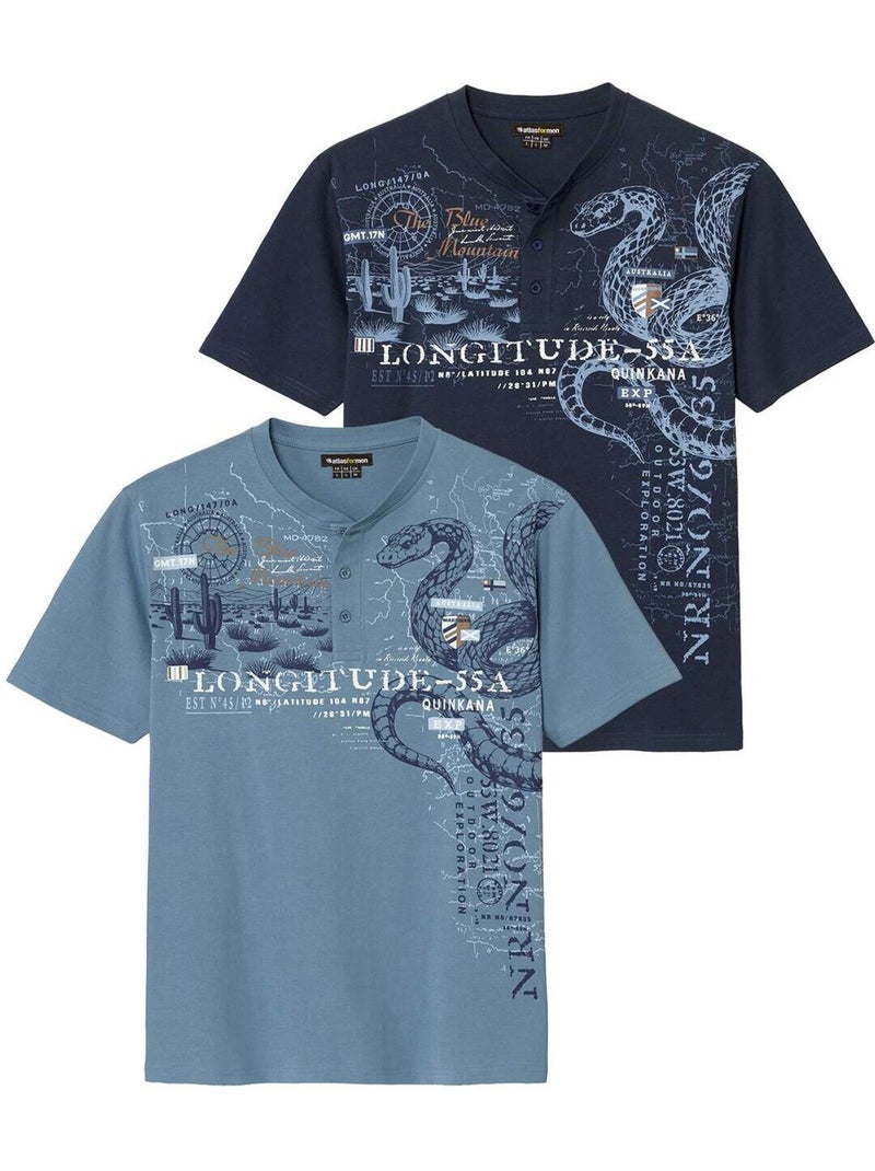 Le Lot de 2 Tee-Shirts Col Boutonnés  - ATLAS FOR MEN Bleu Bleu - Kiabi