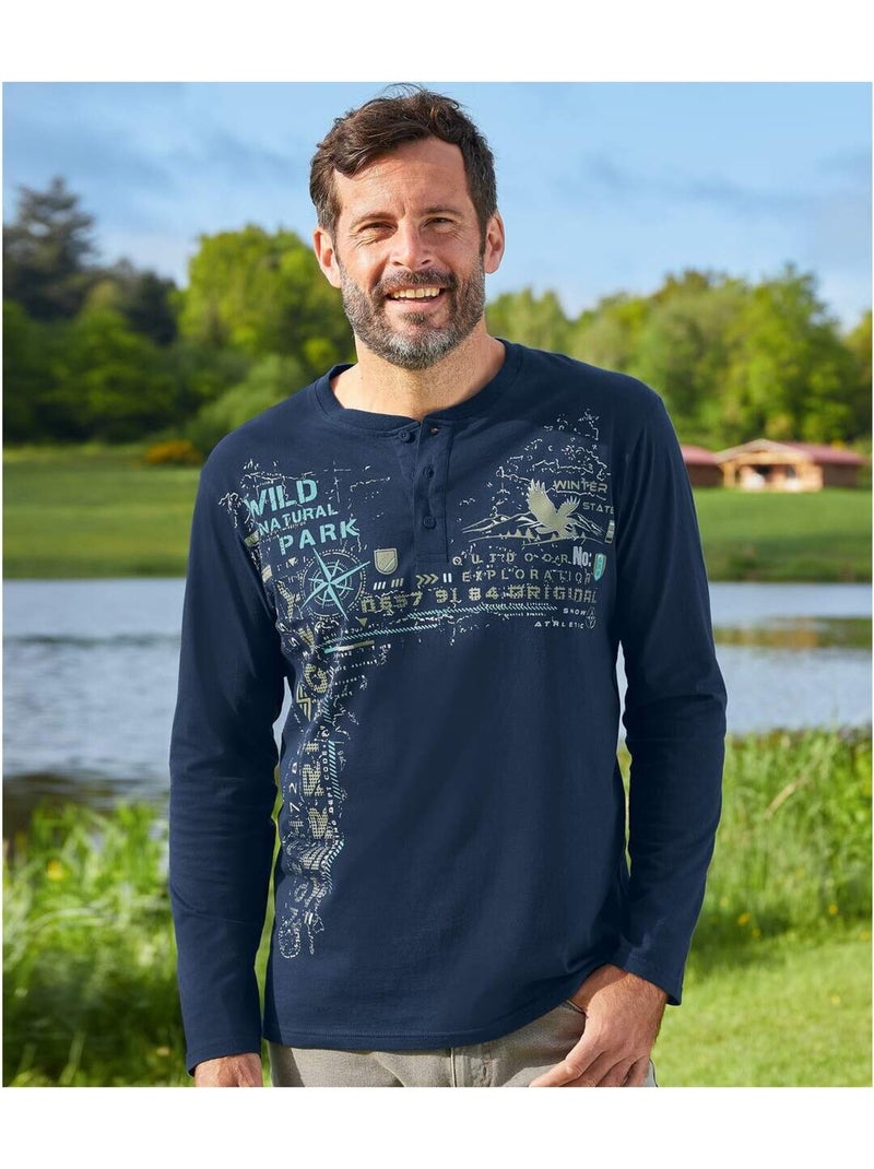 Le Lot de 2 Tee-Shirts Col Tunisien Aventurier  - ATLAS FOR MEN Bleu Kaki - Kiabi