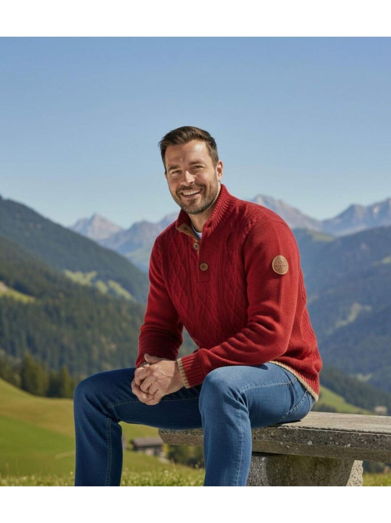 Le Pull Col Boutonné Tricot Torsadé Mountain  - ATLAS FOR MEN Bordeaux - Kiabi