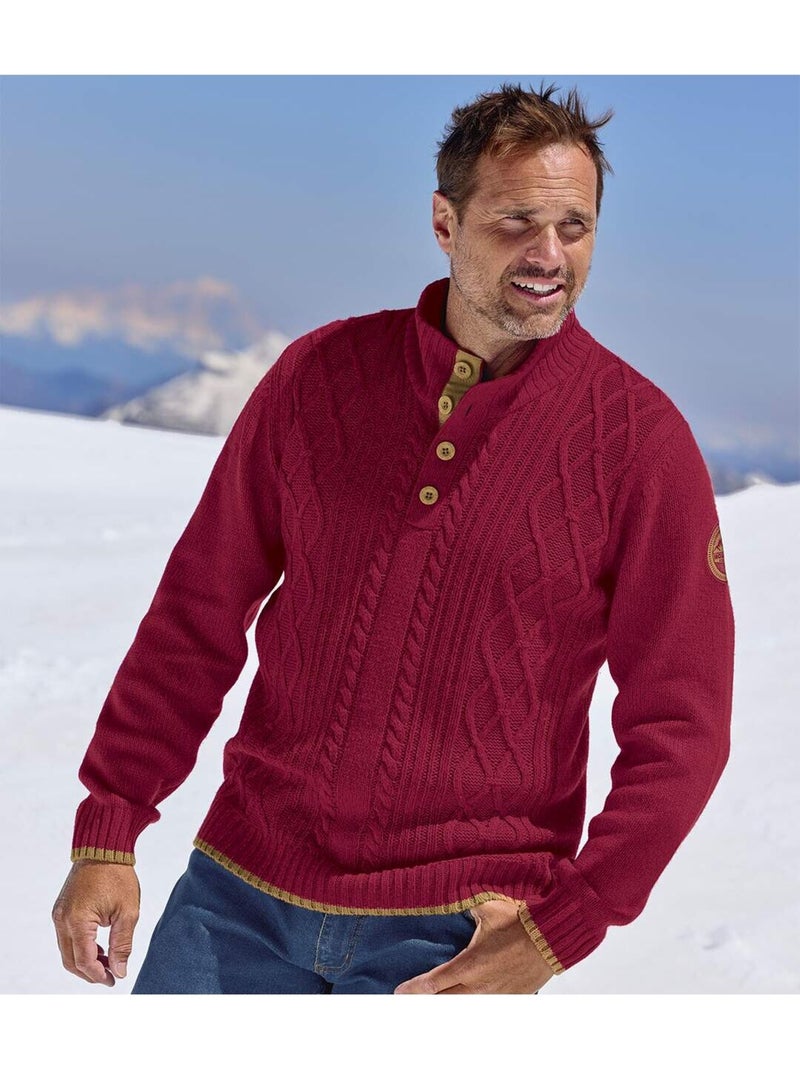 Le pull col boutonné tricot torsadé mountain  - atlas for men Bordeaux - Kiabi