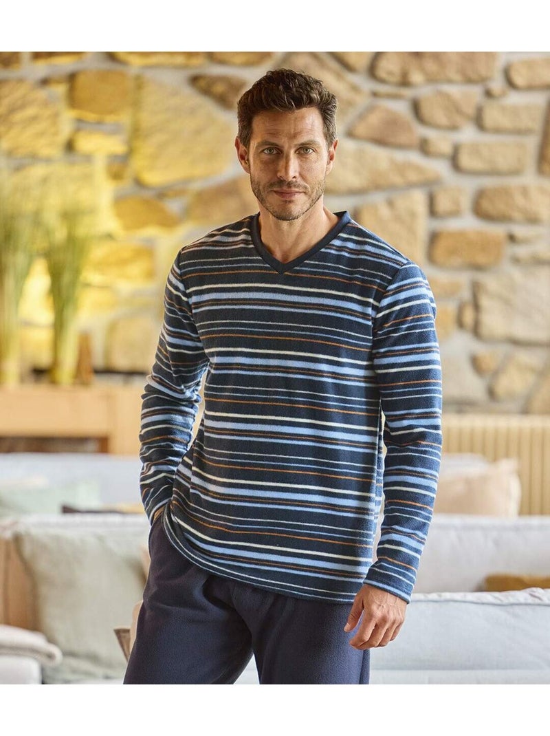 Le pyjama en micropolaire à col v  - atlas for men Bleu marine - Kiabi