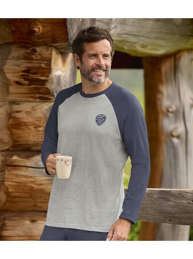 Le pyjama jersey col rond manche raglant haut bicolore  - atlas for men Bleu - Kiabi