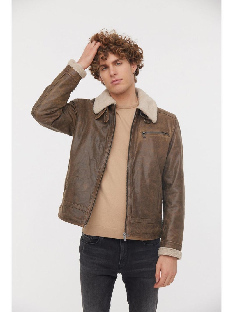 Lee Cooper - Blouson cuir  YAO Marron foncé - Kiabi