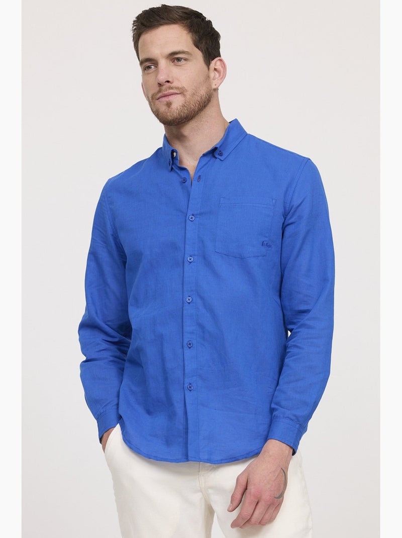 Chemise Pélion | Lin & motifs peints main méditerranéens – Bleu mon Jules