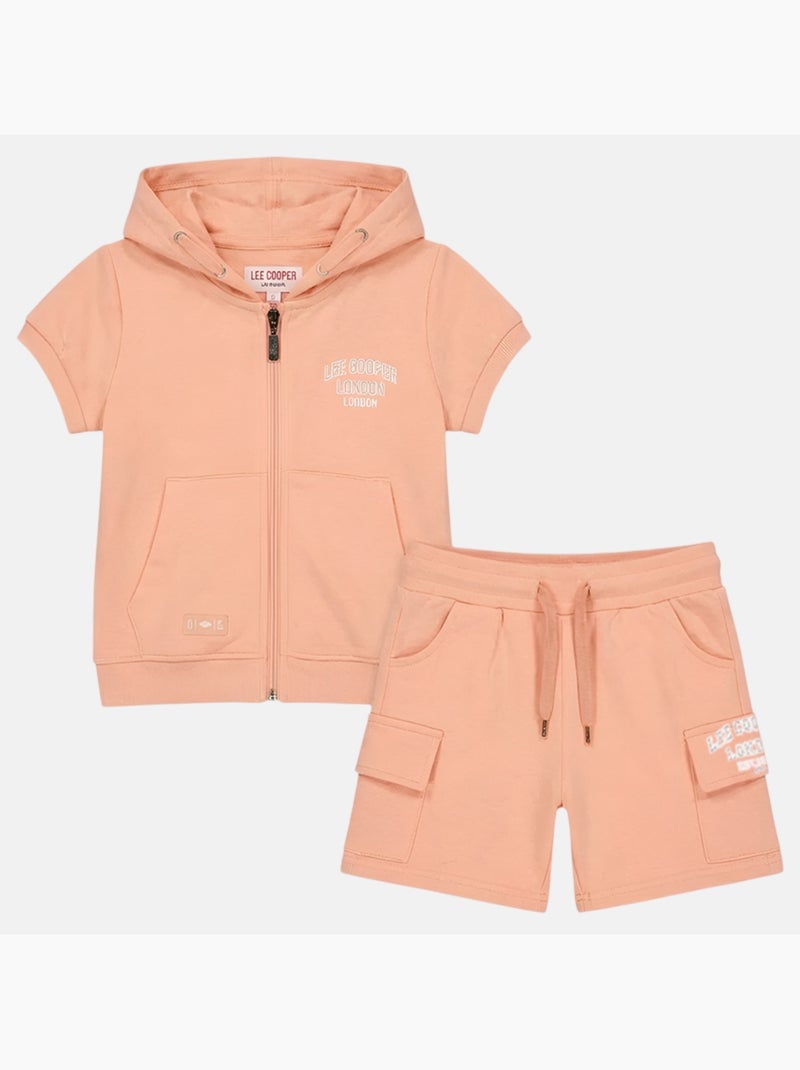 Lee Cooper - Ensemble fille T-shirt manches courtes zippé à capuche et short Saumon - Kiabi
