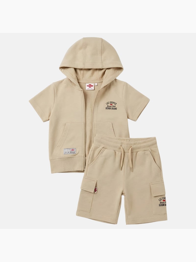 Lee Cooper - Ensemble garçon T-shirt manches courtes zippé et short Beige - Kiabi