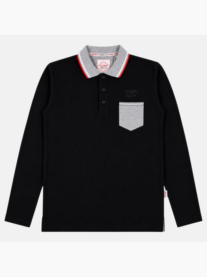 Lee cooper - polo manches longues, poche poitrine et col contrasté Noir - Kiabi