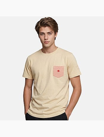 Lee Cooper - T shirt homme beige manches courtes avec poche contrastée