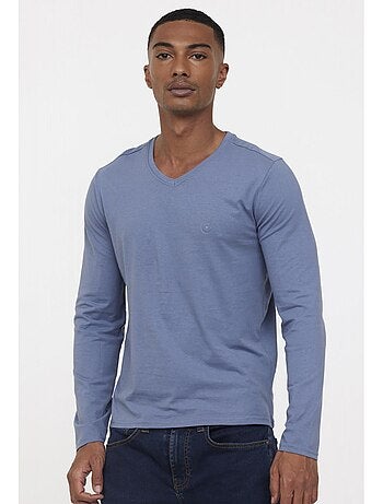 Tee-shirt manches longues col V en mailles gris