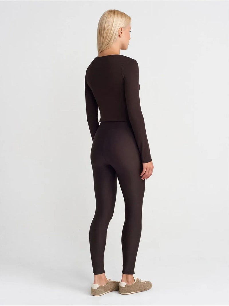 Legging à taille haute, jambe skinny et fermeture zippée dilvin Marron chocolat - Kiabi