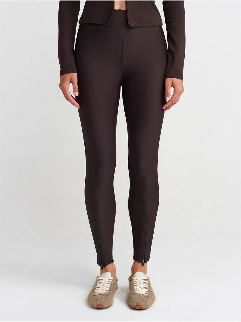 Legging à taille haute, jambe skinny et fermeture zippée dilvin Marron chocolat - Kiabi