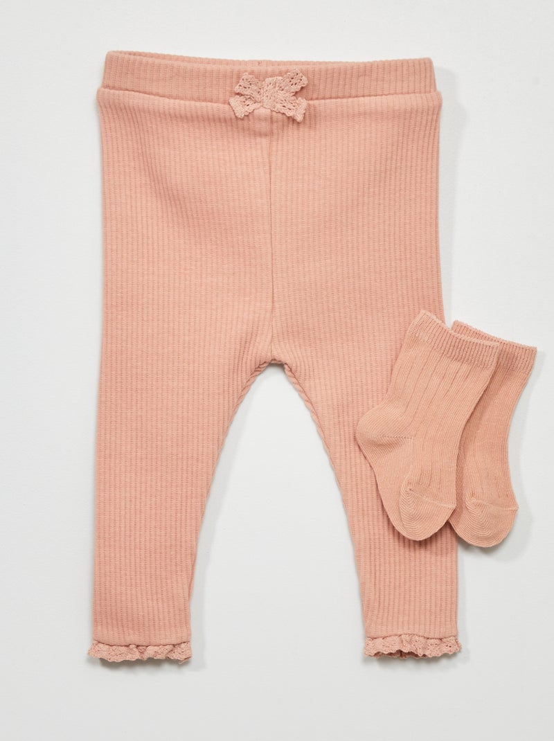 Legging + chaussettes en maille côtelée - 2 pièces Rose - Kiabi