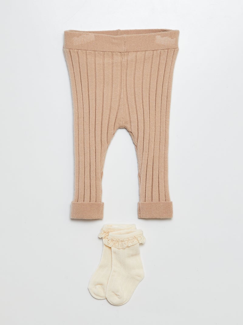 Legging côtelé + chaussettes avec broderie BEIGE - Kiabi