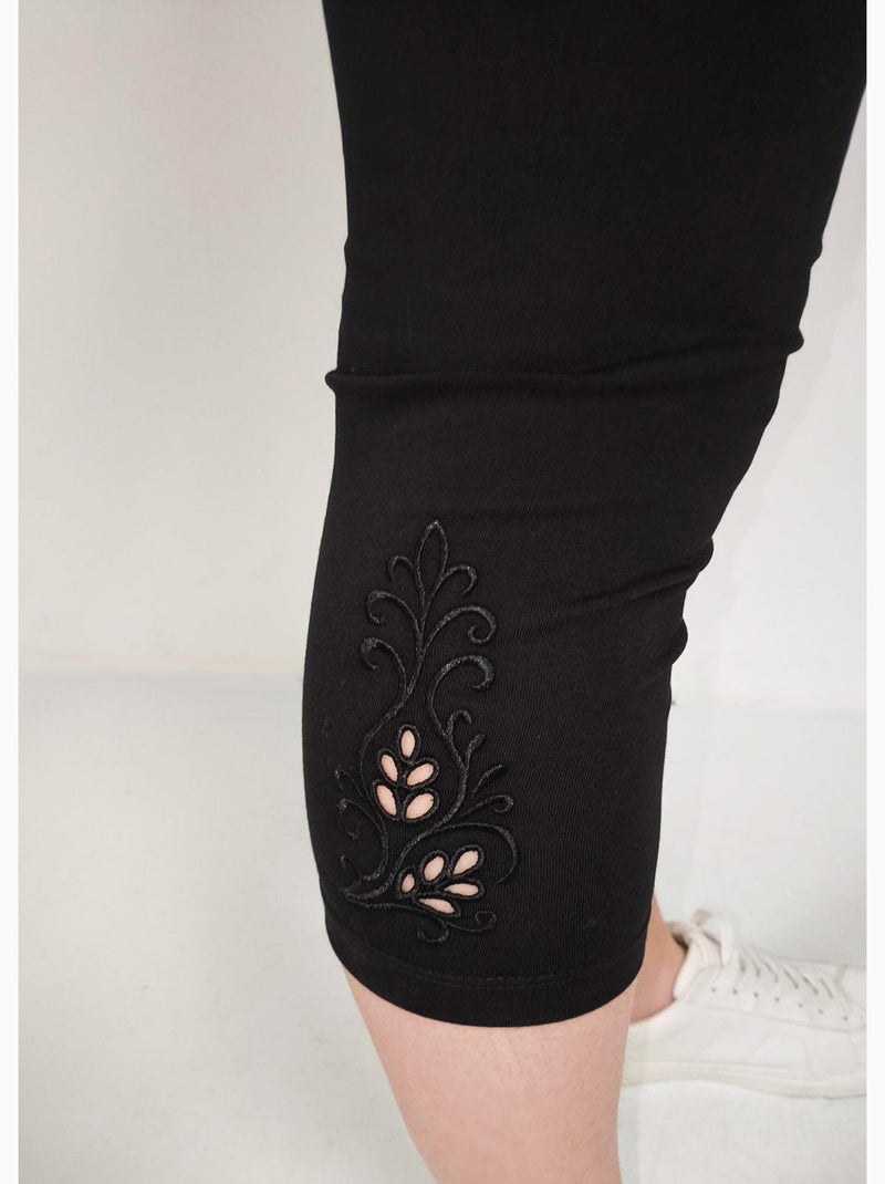 Legging court ceinture élastiqué bas brodés - Afibel Noir - Kiabi