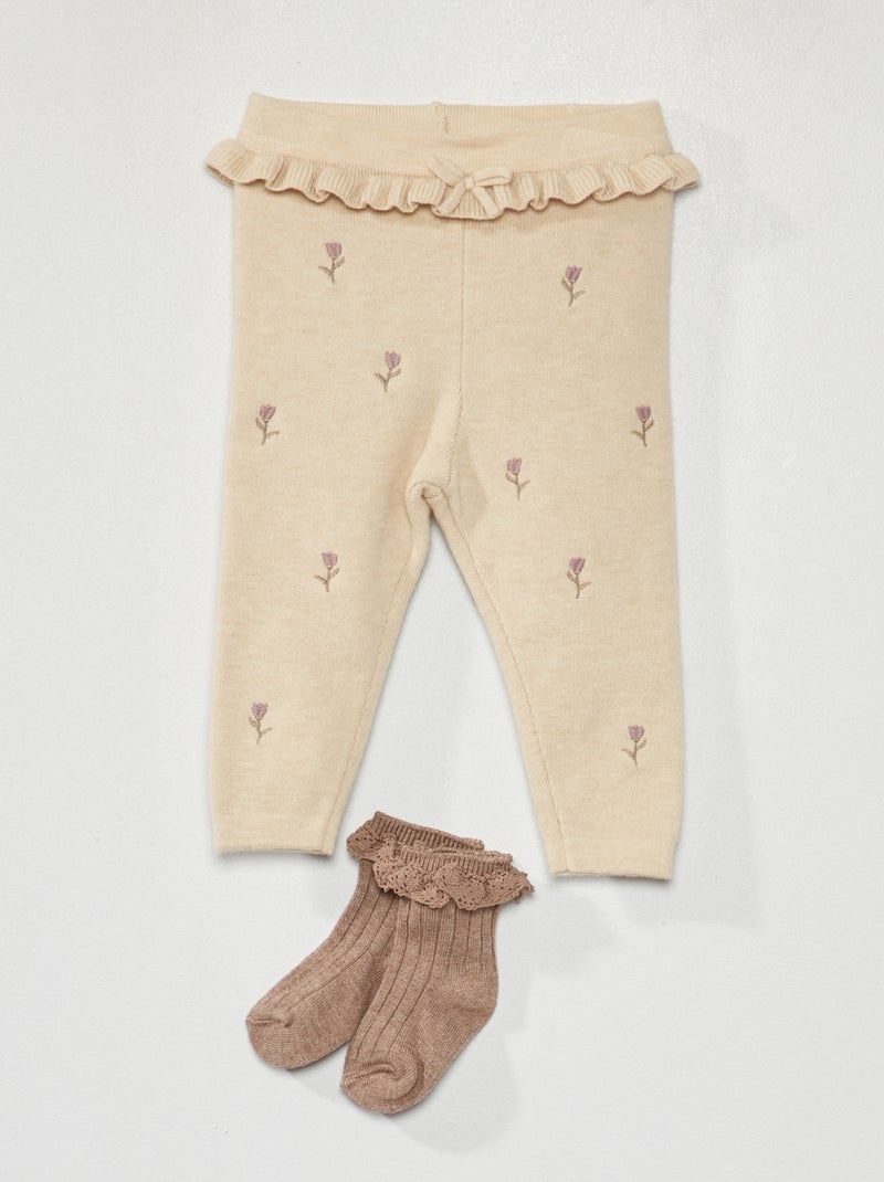 Legging en maille avec broderie + chaussettes - 2 pièces BEIGE - Kiabi