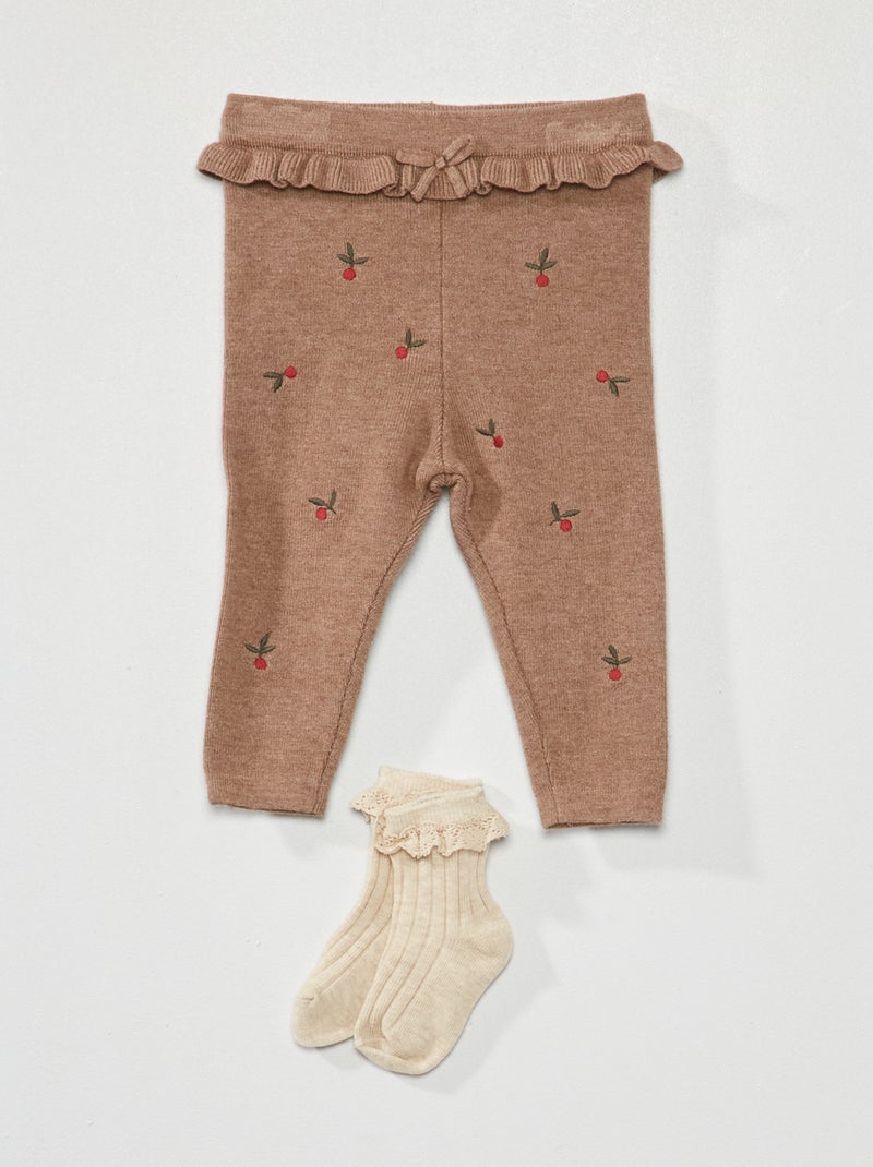 Legging en maille avec broderie + chaussettes - 2 pièces Marron - Kiabi