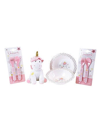 LICORNE LOT AVEC 2 BOLS, 2 SETS DE COUVERTS ET 1 PELUCHE 17 CM