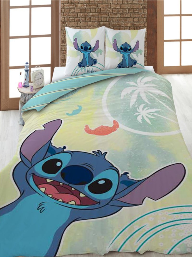 Lilo et Stitch, Parure de Lit Enfant Imprimée Réversible 100% Coton, VIBES Bleu - Kiabi