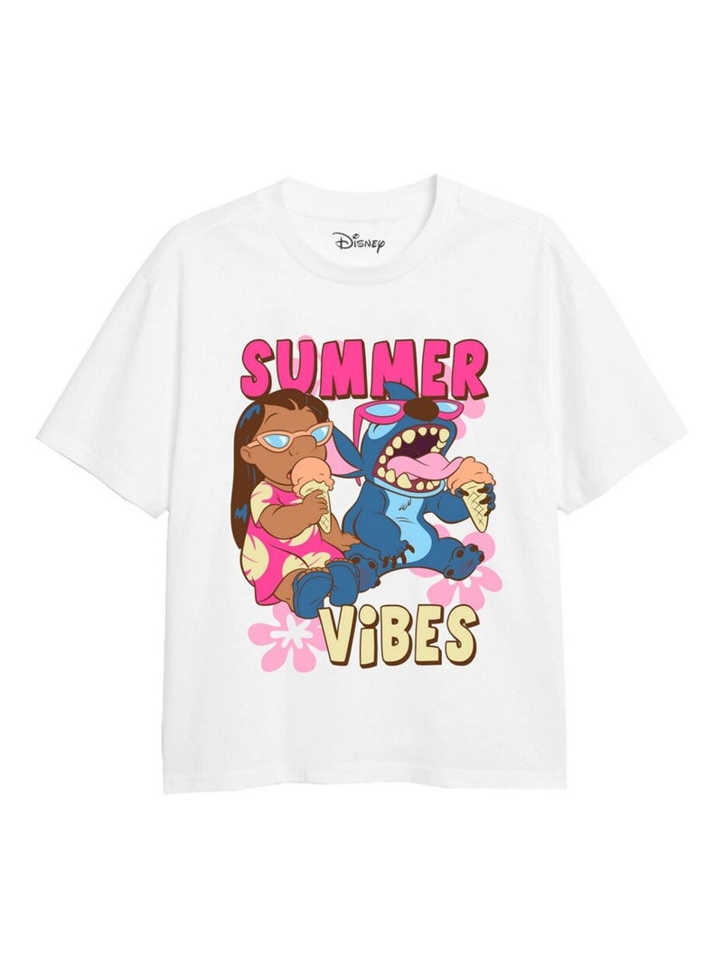 Lilo & Stitch - T-shirt SUMMER VIBES Blanc Rose - Kiabi