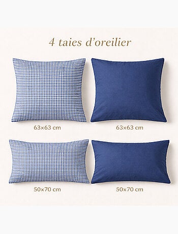 Linge lit Gabrielle marine 220x240cm - Housse couette + drap housse 140x190cm + 4 taies 100% coton
