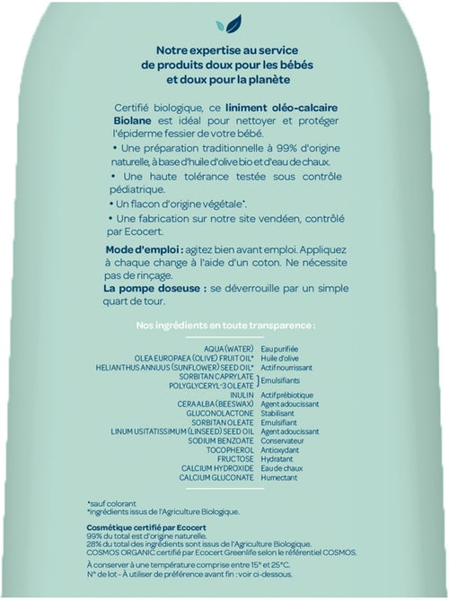 Liniment oléo-calcaire certifié biologique 500ml biolane - Kiabi Liniment oléo-calcaire certifié biologique 500ml biolane - Kiabi