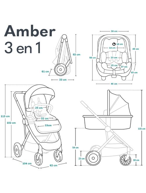 LIONELO Amber - Poussette bébé 3en1 - Jusqu'à 22Kg - Nacelle, Cosy,Siège auto, Accessoires - iSize - Kiabi