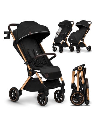 LIONELO Cloe - Poussette bébé compacte - Jusqu'à 22 Kg - Légère & pliable - Grandes Roues - Noir