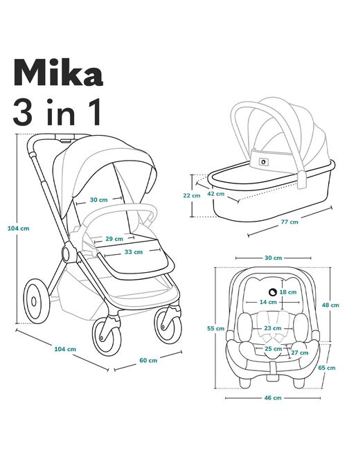 LIONELO Mika - Poussette bébé 3en1 - De 0 à 48 mois - Poussette, Nacelle, Siège auto - Gris foncé - Kiabi