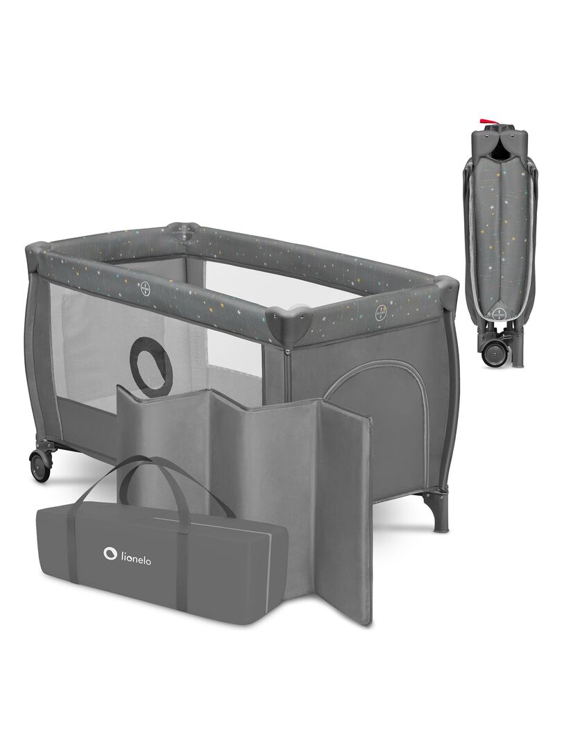 LIONELO Stefi Plus - Lit parapluie bébé 2en1 - 0-36 mois - Sac de Transport - 125x65 cm - Roulettes Gris - Kiabi