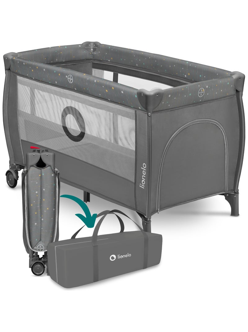 LIONELO Stefi Plus - Lit parapluie bébé 2en1 - 0-36 mois - Sac de Transport - 125x65 cm - Roulettes Gris - Kiabi