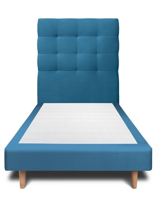 Lit 90x200cm avec tête de lit capitonnee velours et sommier tapissier Bleu - Hauteur totale : 29cm - Kiabi