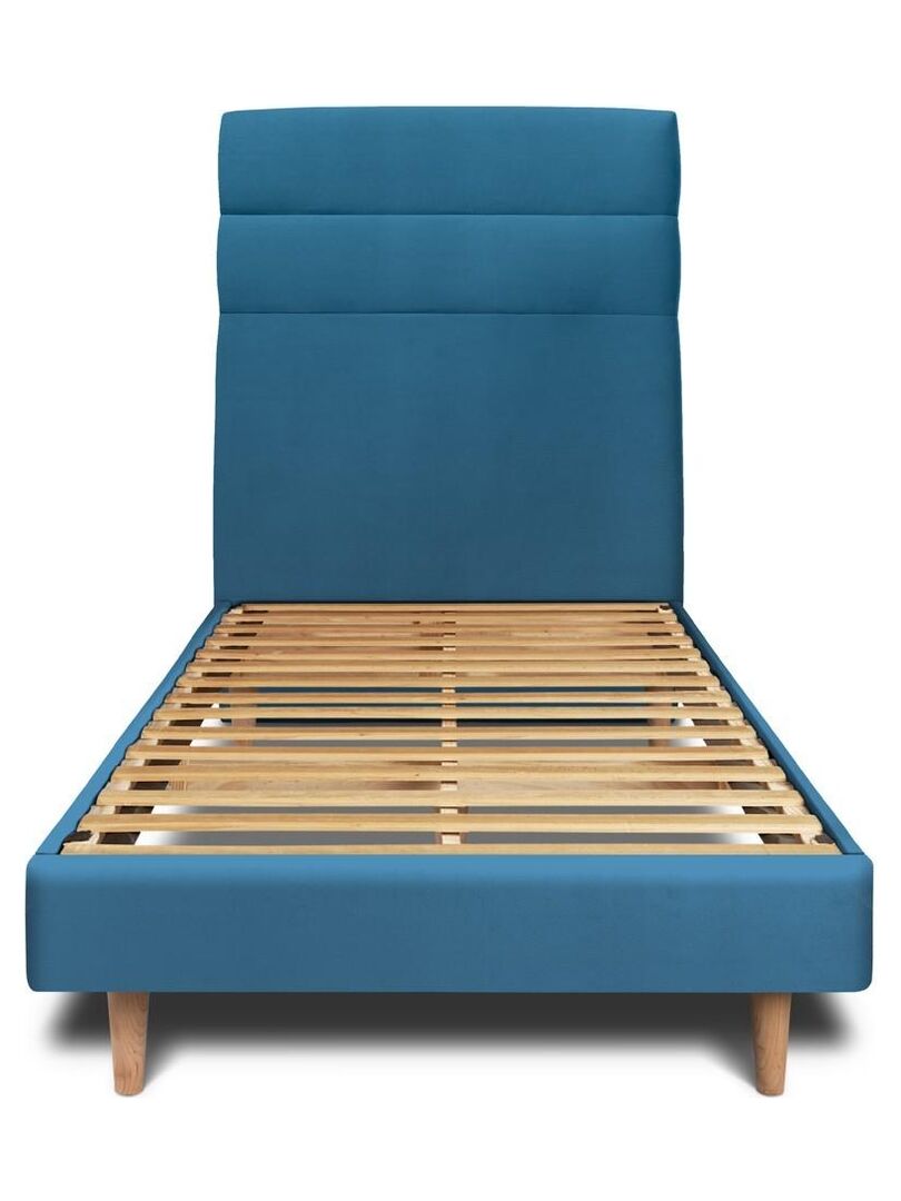 Lit 90x200cm avec tête de lit lignes velours et sommier kit Bleu - Hauteur totale : 29cm Bleu lagon - Kiabi