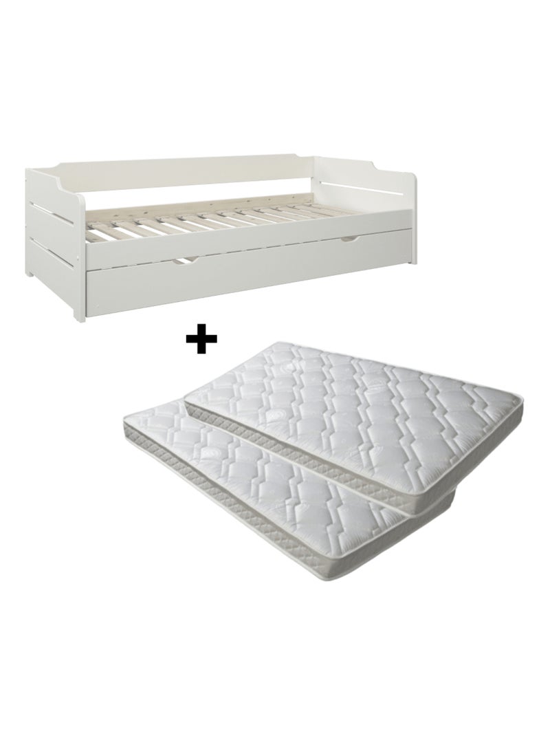 Lit avec lit gigogne et matelas pin massif  ARTHUR Blanc - Kiabi