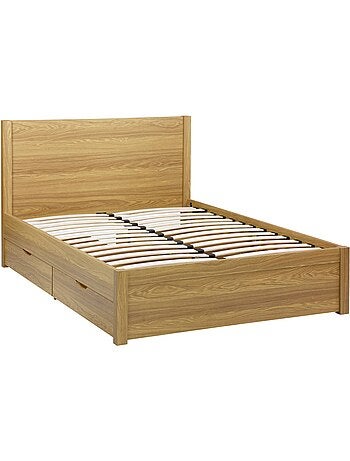 Lit avec sommier à lattes et tête de lit 140 x 190cm + 4 tiroirs décor bois Nepal