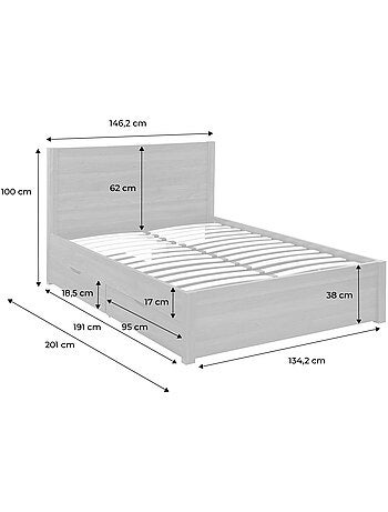 Lit avec sommier à lattes et tête de lit 140 x 190cm + 4 tiroirs décor bois Nepal