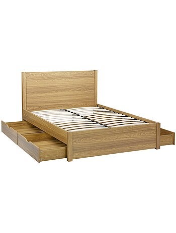 Lit avec sommier à lattes et tête de lit 140 x 190cm + 4 tiroirs décor bois Nepal