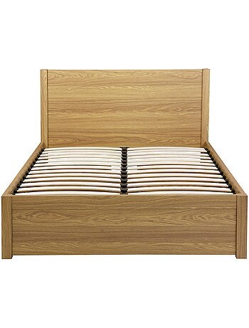 Lit avec sommier à lattes et tête de lit 140 x 190cm + 4 tiroirs décor bois Nepal