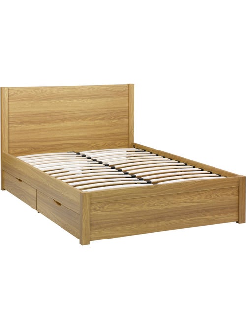 Lit avec sommier à lattes et tête de lit 140 x 190cm + 4 tiroirs décor bois Nepal - Kiabi Lit avec sommier à lattes et tête de lit 140 x 190cm + 4 tiroirs décor bois Nepal - Kiabi