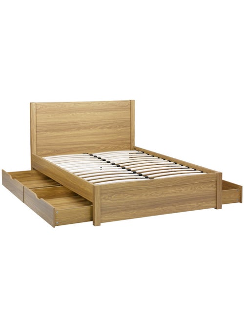 Lit avec sommier à lattes et tête de lit 140 x 190cm + 4 tiroirs décor bois Nepal - Kiabi Lit avec sommier à lattes et tête de lit 140 x 190cm + 4 tiroirs décor bois Nepal - Kiabi