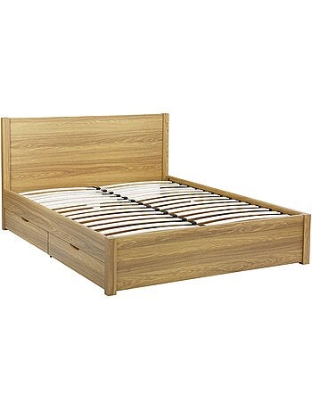 Lit avec sommier à lattes et tête de lit 160 x 200cm + 4 tiroirs décor bois Nepal