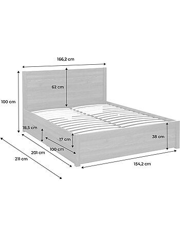 Lit avec sommier à lattes et tête de lit 160 x 200cm + 4 tiroirs décor bois Nepal