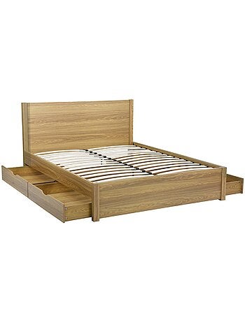 Lit avec sommier à lattes et tête de lit 160 x 200cm + 4 tiroirs décor bois Nepal