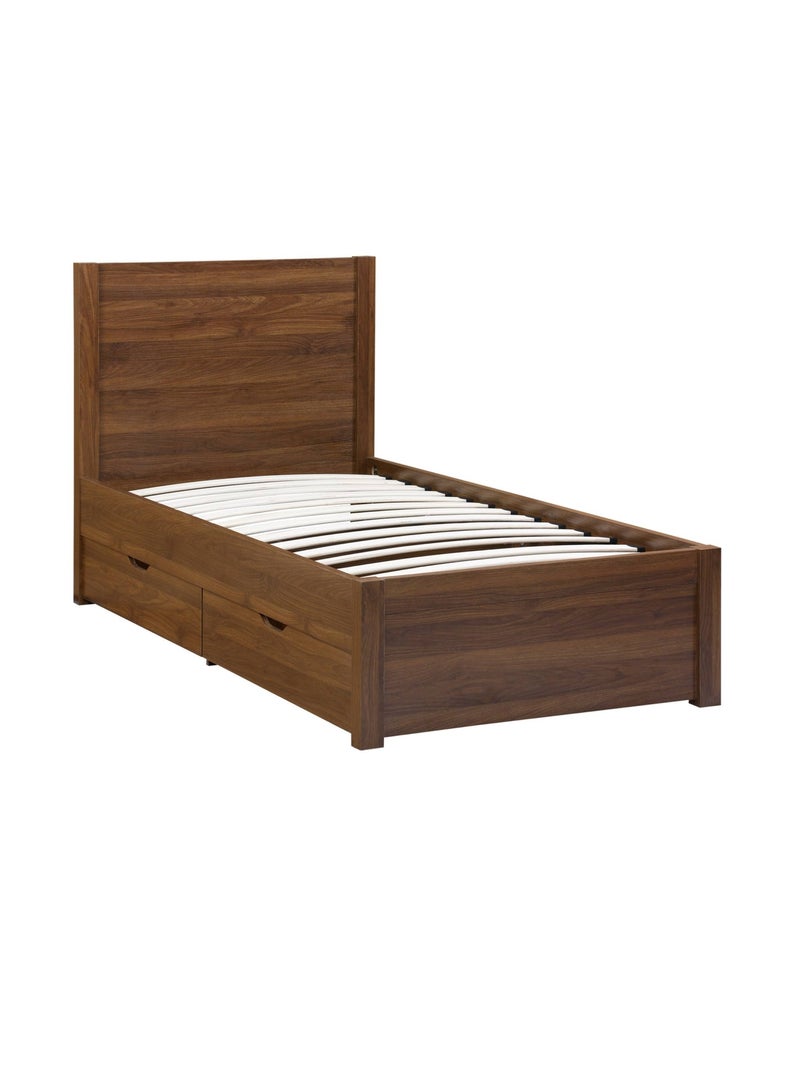 Lit avec sommier à lattes et tête de lit 90 x 190cm + 4 tiroirs décor bois Nepal Marron foncé - Kiabi