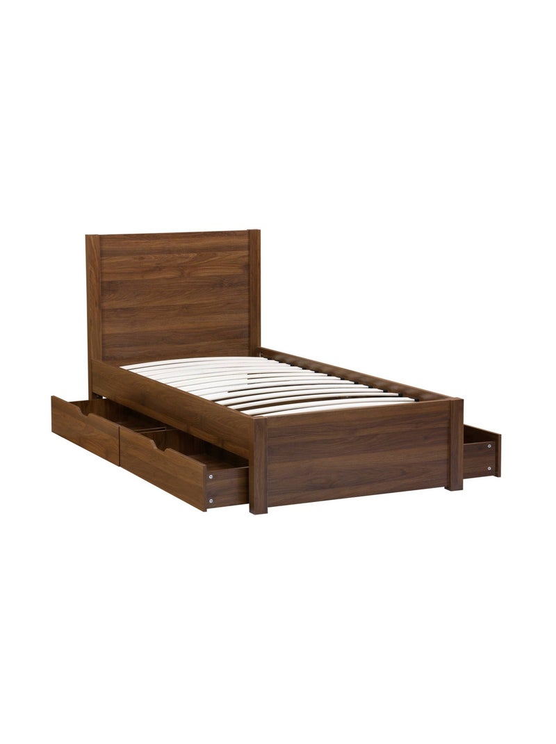 Lit avec sommier à lattes et tête de lit 90 x 190cm + 4 tiroirs décor bois Nepal Marron foncé - Kiabi