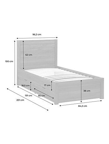Lit avec sommier à lattes et tête de lit 90 x 190cm + 4 tiroirs décor bois Nepal