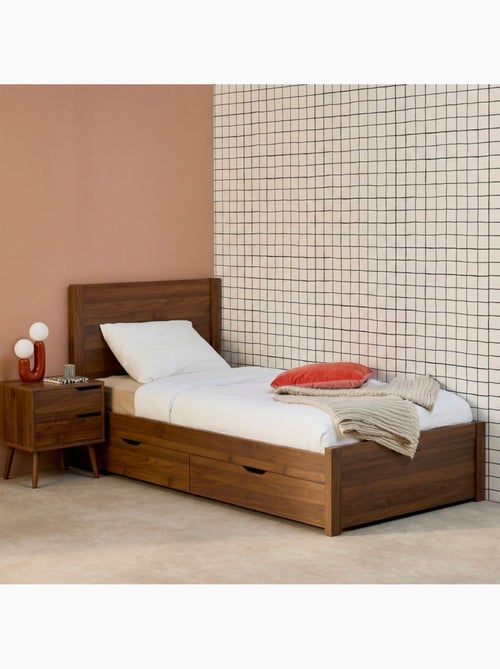 Lit avec sommier à lattes et tête de lit 90 x 190cm + 4 tiroirs décor bois nepal - Kiabi Lit avec sommier à lattes et tête de lit 90 x 190cm + 4 tiroirs décor bois nepal - Kiabi